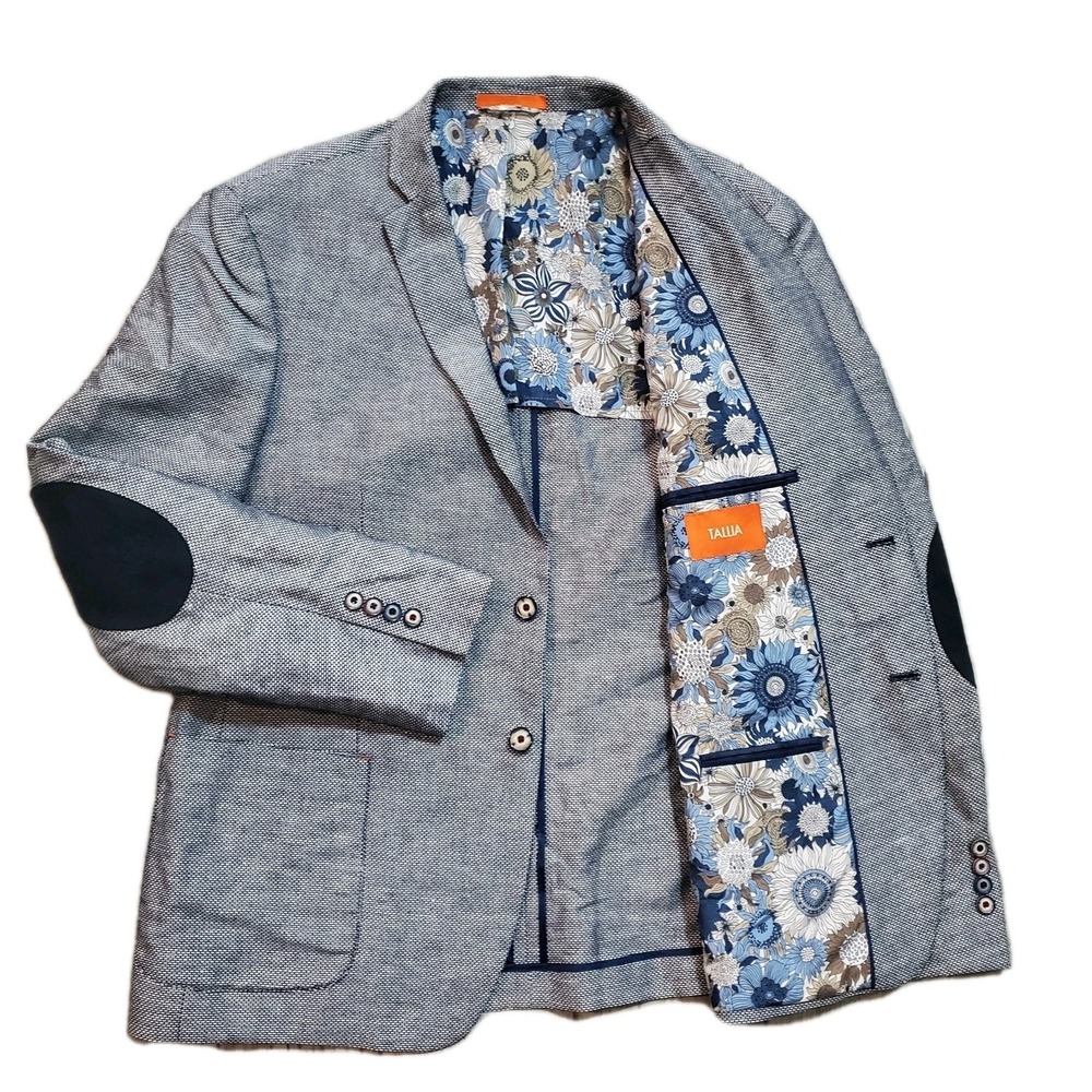 Tallia Men's Sport Coat 44S Gray Basketweave Linen Cotton Elbow Patch Blazer